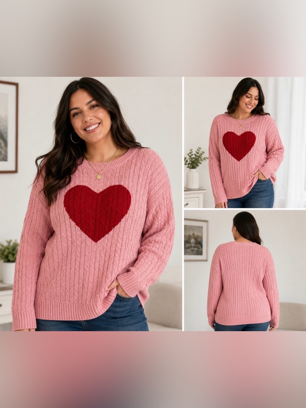 St. John’s Bay Pink Cable Knit Heart Sweater Women’s 2X Red Heart Cozy NWT